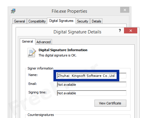 Screenshot of the Zhuhai  Kingsoft Software Co.,Ltd certificate